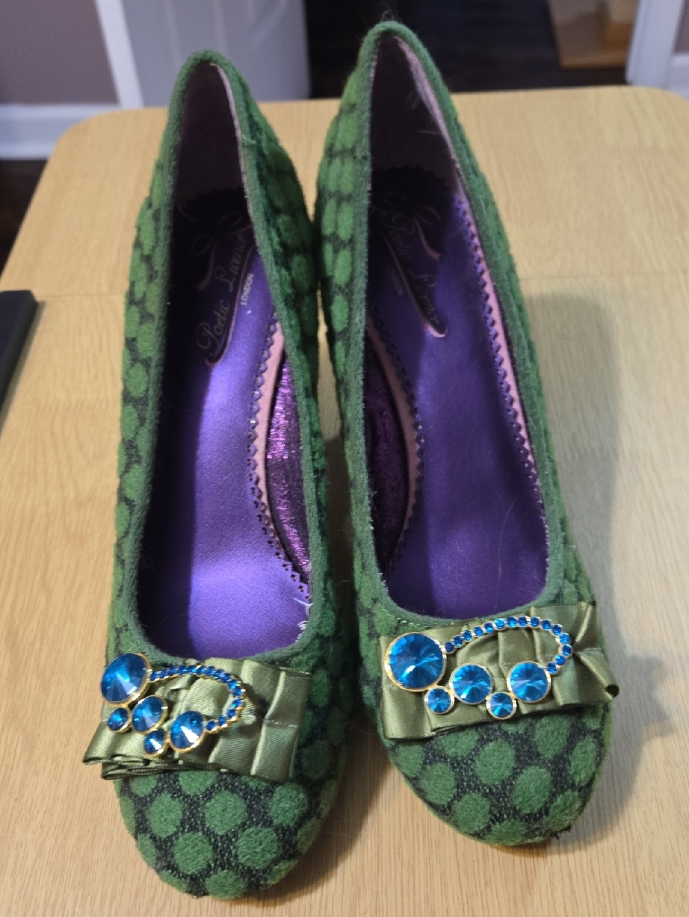 Poetic License Green Patterned Heels with Blue Jewel Accents